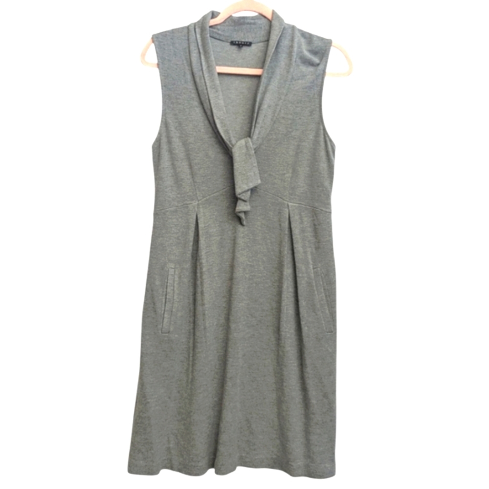 Theory Gray Pleated Sleeveless Flowy Dress Women's Size 8 Pockets Cowl Tie Neck